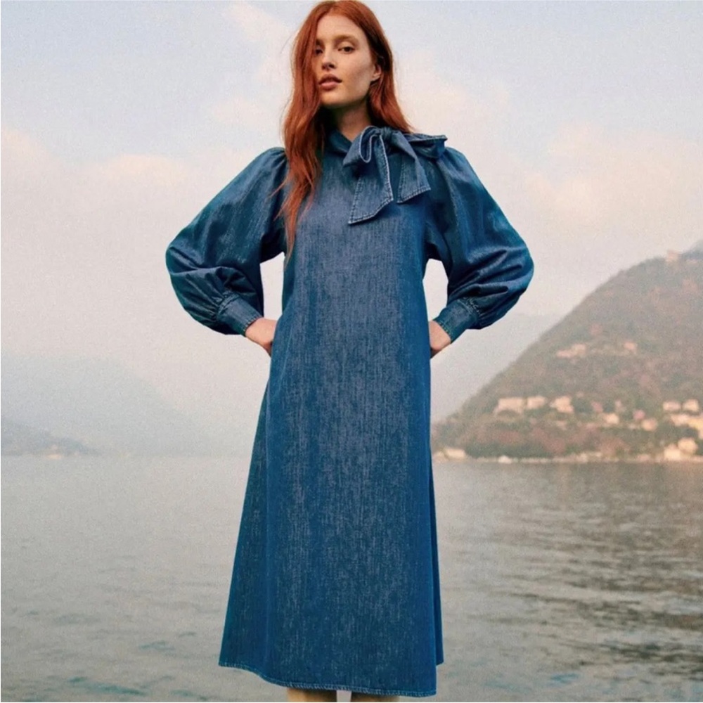 Sézane Taylor Denim Neck Tie Midi Dress - NWT